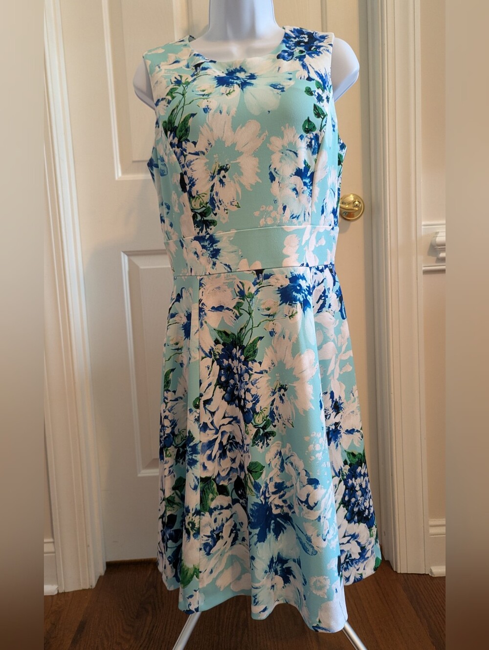Calvin Klein Blue and White Floral Fit-and-Flare Dress